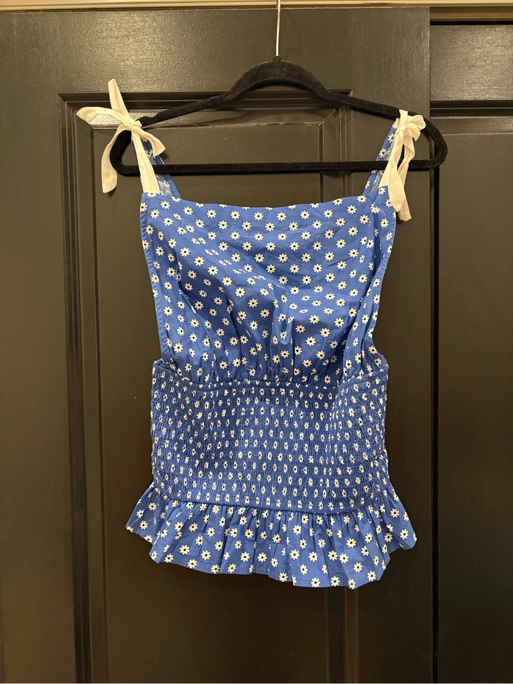 Free People Blue Daisy Smocked Peplum Tank with Cream Tie Straps